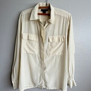 Vintage Classiques Nordstrom 100% Silk Blouse Cream Button Up Gathered Back M